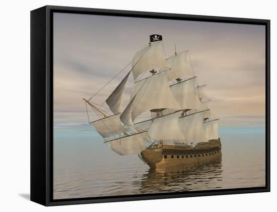 Pirate Ship with Black Jolly Roger Flag Sailing the Ocean-null-Framed Stretched Canvas