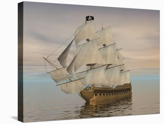 Pirate Ship with Black Jolly Roger Flag Sailing the Ocean-null-Stretched Canvas