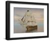 Pirate Ship with Black Jolly Roger Flag Sailing the Ocean-null-Framed Art Print