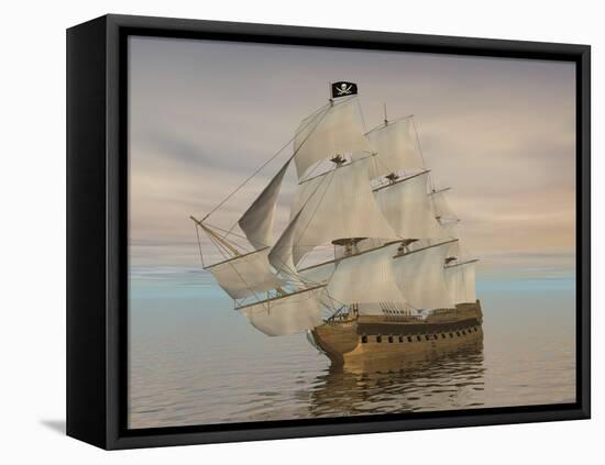 Pirate Ship with Black Jolly Roger Flag Sailing the Ocean-null-Framed Stretched Canvas