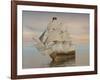 Pirate Ship with Black Jolly Roger Flag Sailing the Ocean-null-Framed Art Print