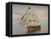 Pirate Ship with Black Jolly Roger Flag Sailing the Ocean-null-Framed Stretched Canvas