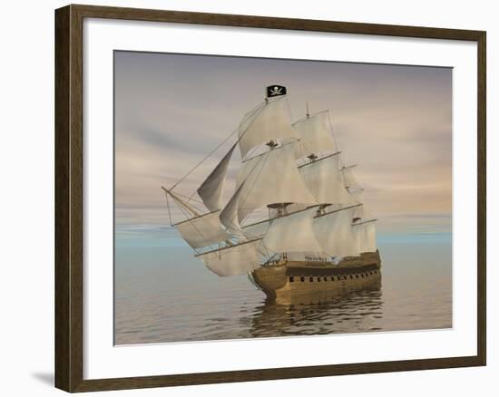 Pirate Ship with Black Jolly Roger Flag Sailing the Ocean-null-Framed Art Print