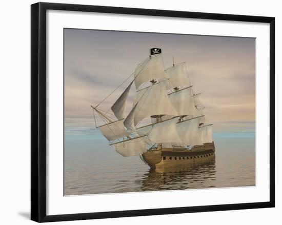 Pirate Ship with Black Jolly Roger Flag Sailing the Ocean-null-Framed Art Print