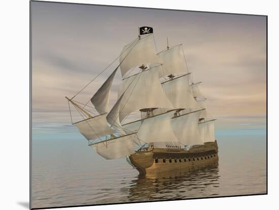 Pirate Ship with Black Jolly Roger Flag Sailing the Ocean-null-Mounted Art Print