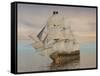 Pirate Ship with Black Jolly Roger Flag Sailing the Ocean-null-Framed Stretched Canvas