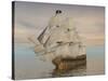Pirate Ship with Black Jolly Roger Flag Sailing the Ocean-null-Stretched Canvas
