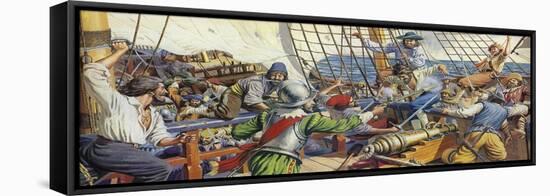 Pirates Attacking a Spanish Galleon-Mike White-Framed Stretched Canvas