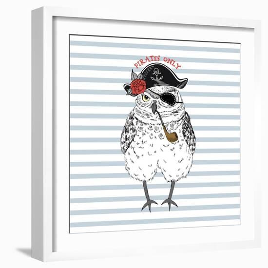 Pirates Only - Nautical Owl Illustration-Olga_Angelloz-Framed Art Print