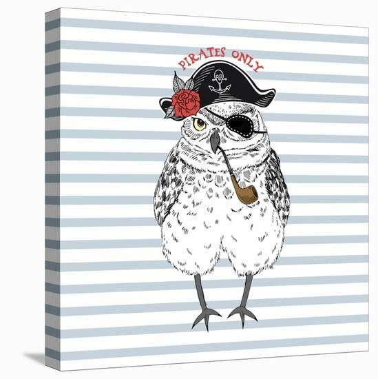 Pirates Only - Nautical Owl Illustration-Olga_Angelloz-Stretched Canvas