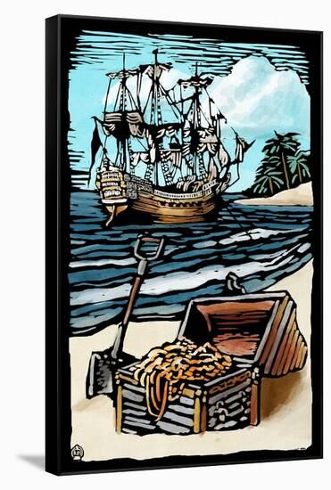 Pirates - Scratchboard-Lantern Press-Framed Stretched Canvas