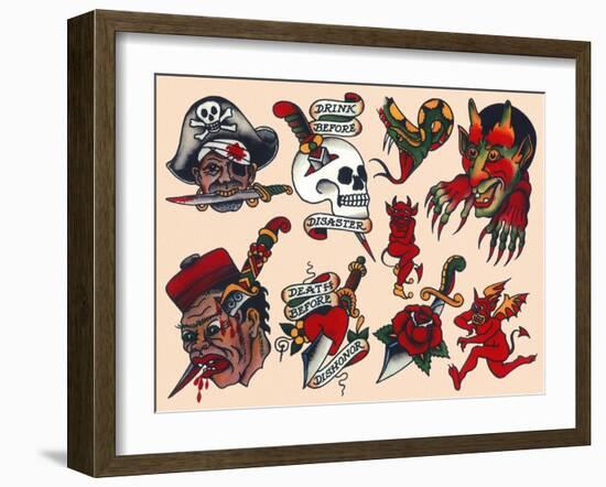 Pirates & Skulls Vintage Tattoo Flash by Norman Collins, aka, Sailor Jerry-null-Framed Art Print