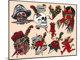Pirates & Skulls Vintage Tattoo Flash by Norman Collins, aka, Sailor Jerry-null-Mounted Art Print