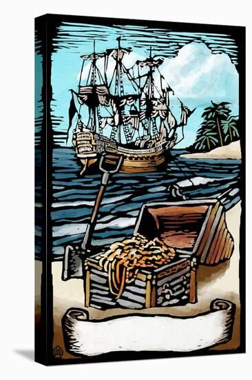 Pirates with Scroll - Scratchboard-Lantern Press-Stretched Canvas