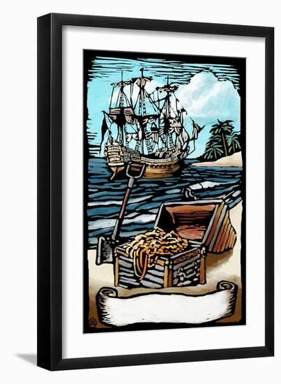 Pirates with Scroll - Scratchboard-Lantern Press-Framed Art Print