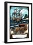 Pirates with Scroll - Scratchboard-Lantern Press-Framed Art Print