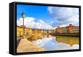 Pisa, Arno River, Lamp and Buildings Reflection. Lungarno View. Tuscany, Italy-stevanzz-Framed Stretched Canvas