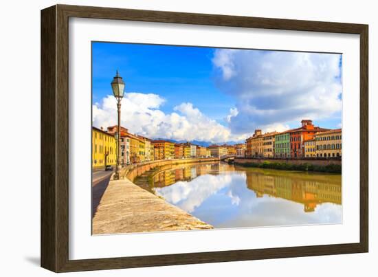 Pisa, Arno River, Lamp and Buildings Reflection. Lungarno View. Tuscany, Italy-stevanzz-Framed Photographic Print