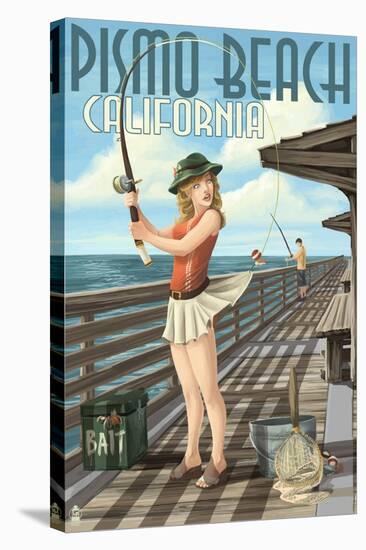 Pismo Beach, California - Fishing Pinup Girl-Lantern Press-Stretched Canvas