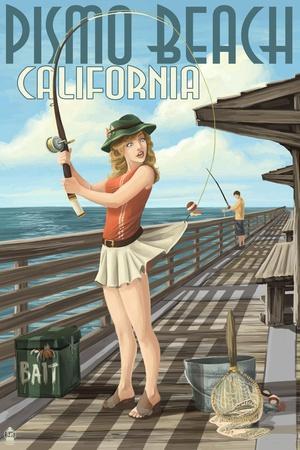 Pismo Beach, California - Fishing Pinup Girl' Prints - Lantern