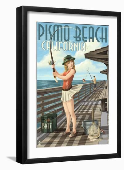 Pismo Beach, California - Fishing Pinup Girl-Lantern Press-Framed Art Print