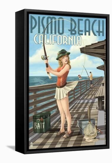 Pismo Beach, California - Fishing Pinup Girl-Lantern Press-Framed Stretched Canvas