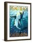 Pismo Beach, California - Stylized Sharks-Lantern Press-Framed Art Print