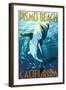 Pismo Beach, California - Stylized Sharks-Lantern Press-Framed Art Print