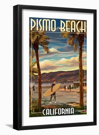 Pismo Beach, California - Surfer and Pier-Lantern Press-Framed Art Print