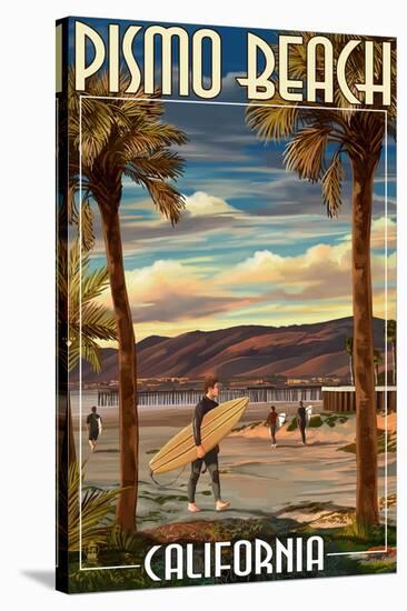 Pismo Beach, California - Surfer and Pier-Lantern Press-Stretched Canvas