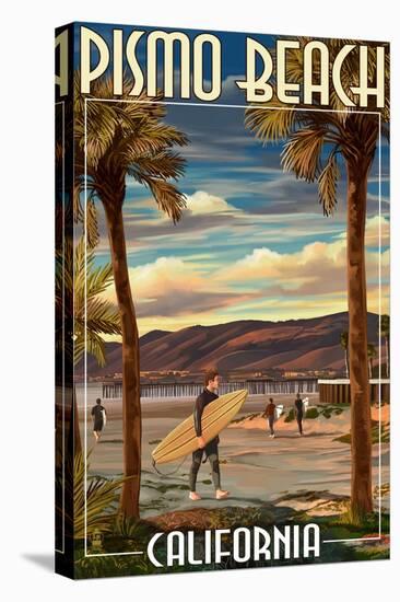 Pismo Beach, California - Surfer and Pier-Lantern Press-Stretched Canvas