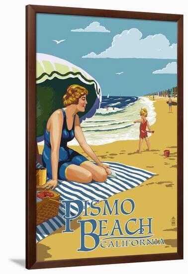 Pismo Beach, California - Woman and Beach Scene-Lantern Press-Framed Art Print