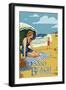 Pismo Beach, California - Woman and Beach Scene-Lantern Press-Framed Art Print