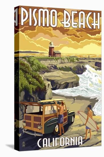 Pismo Beach, California - Woody and Lighthouse-Lantern Press-Stretched Canvas