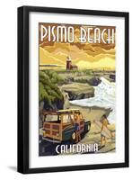 Pismo Beach, California - Woody and Lighthouse-Lantern Press-Framed Art Print