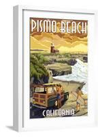 Pismo Beach, California - Woody and Lighthouse-Lantern Press-Framed Art Print