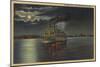 Pittsburgh, PA - Night View of Steamer & Ohio River-Lantern Press-Mounted Art Print