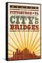 Pittsburgh, Pennsylvania - Skyline and Sunburst Screenprint Style-Lantern Press-Framed Stretched Canvas