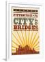 Pittsburgh, Pennsylvania - Skyline and Sunburst Screenprint Style-Lantern Press-Framed Art Print