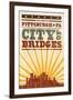 Pittsburgh, Pennsylvania - Skyline and Sunburst Screenprint Style-Lantern Press-Framed Art Print