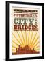 Pittsburgh, Pennsylvania - Skyline and Sunburst Screenprint Style-Lantern Press-Framed Art Print