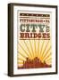 Pittsburgh, Pennsylvania - Skyline and Sunburst Screenprint Style-Lantern Press-Framed Art Print