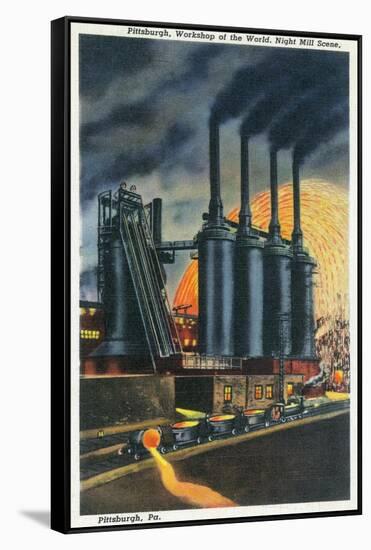 Pittsburgh, Pennsylvania - Steel Mill Scene at Night-Lantern Press-Framed Stretched Canvas