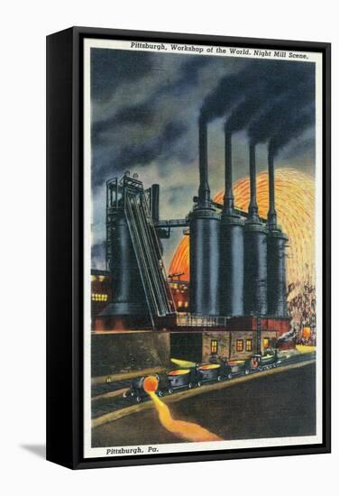 Pittsburgh, Pennsylvania - Steel Mill Scene at Night-Lantern Press-Framed Stretched Canvas