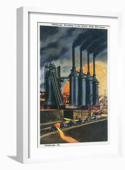 Pittsburgh, Pennsylvania - Steel Mill Scene at Night-Lantern Press-Framed Art Print