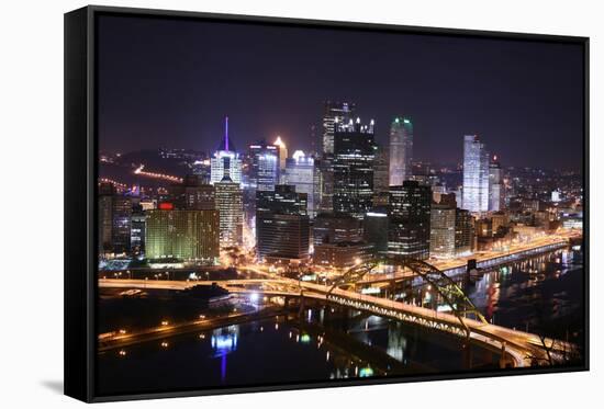 Pittsburgh's Skyline from Mount Washington at Night.-Zigi-Framed Stretched Canvas