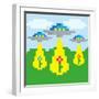 Pixel Vector Landscape with UFO-Droidworker-Framed Art Print