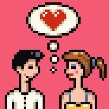 Retro Heart Pixel Lovers Illustration-Pixeldreams-Mounted Art Print