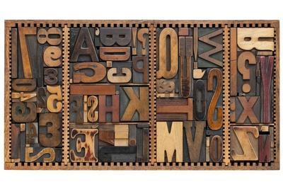 Vintage Letterpress Printing Blocks Abstract With Variety Of Letters, Numbers, Punctuation Signs