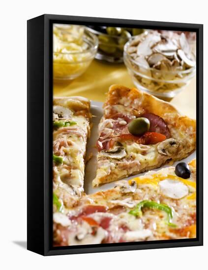 Pizza with a Slice Cut and Pizza Ingredients-null-Framed Stretched Canvas